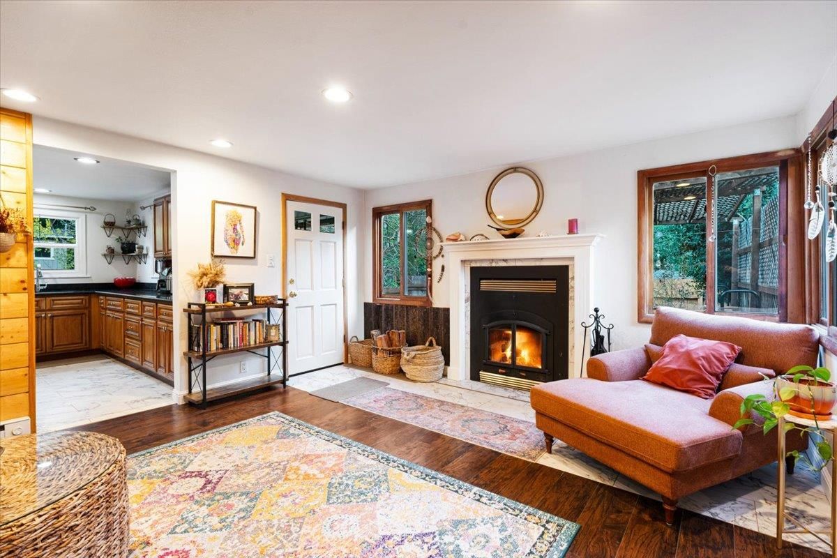 Fireplace, Interior, Living room, Marble, Recessed Lighting, Wood Texture Flooring