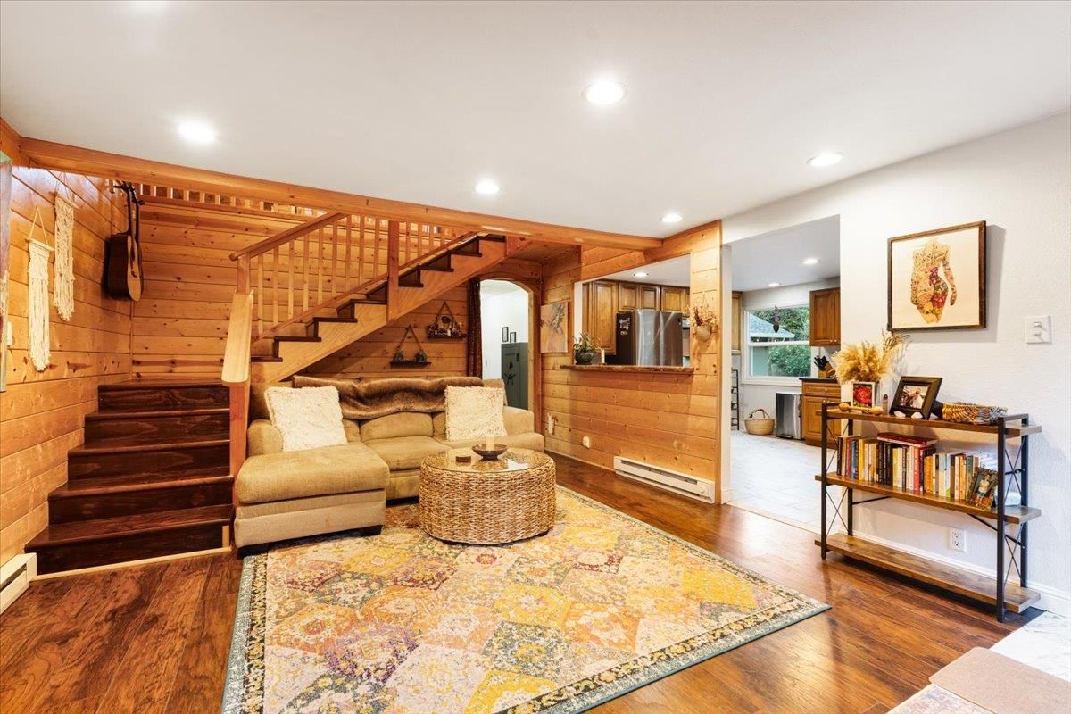 Interior, Living room, Recessed Lighting, Wood Texture Flooring, Wooden Walls