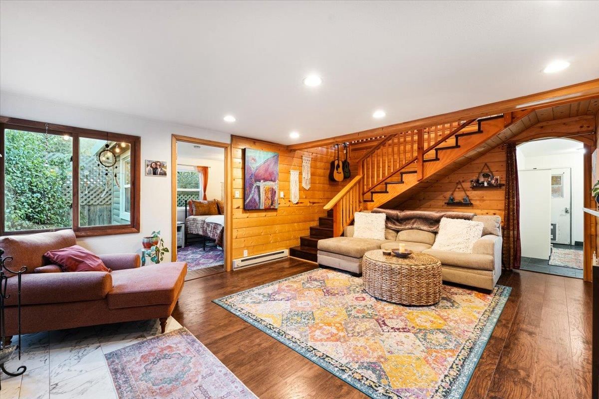 Interior, Living room, Recessed Lighting, Wood Texture Flooring, Wooden Walls