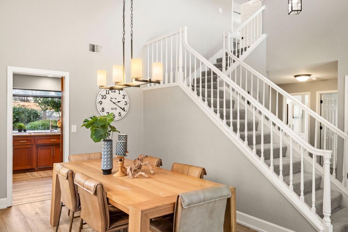 Dining room, Interior, Pendant Lights, Wood Texture Flooring
