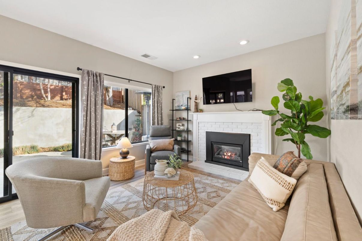 Fireplace, Interior, Living room, Recessed Lighting, Wood Texture Flooring