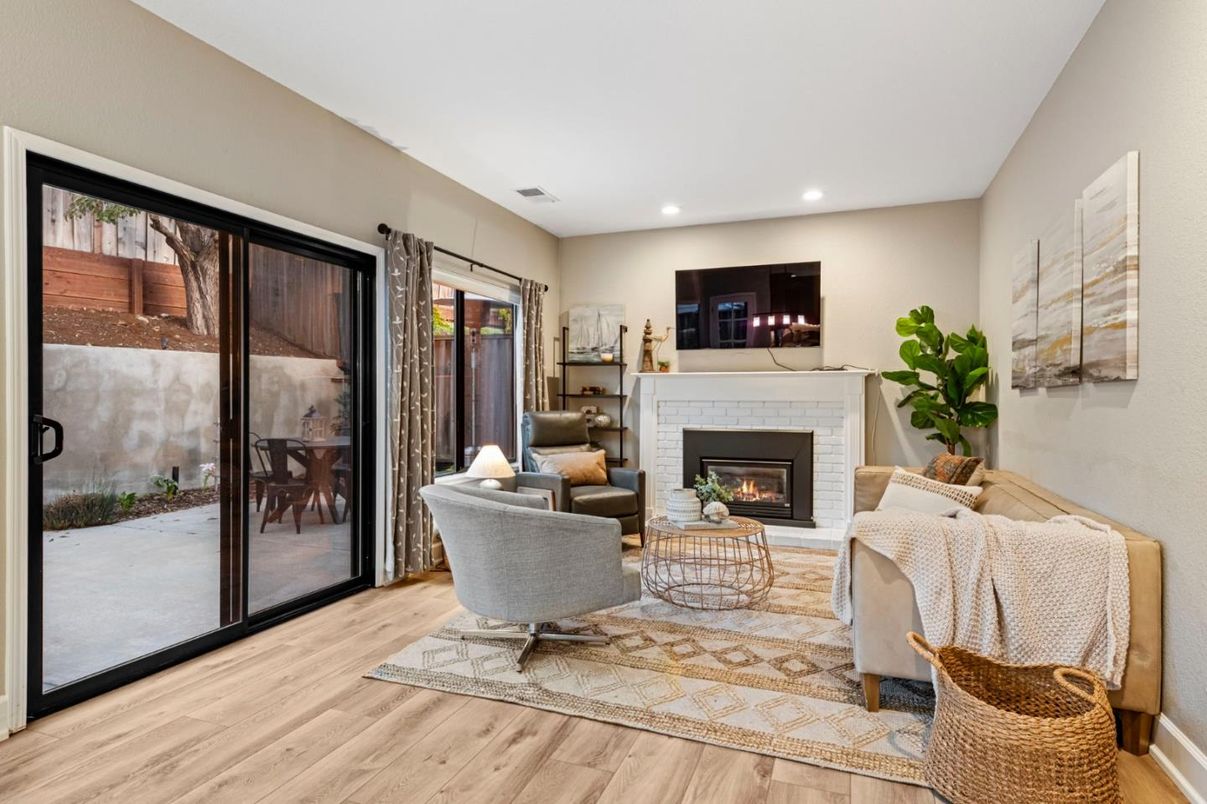 Fireplace, Interior, Living room, Recessed Lighting, Wood Texture Flooring