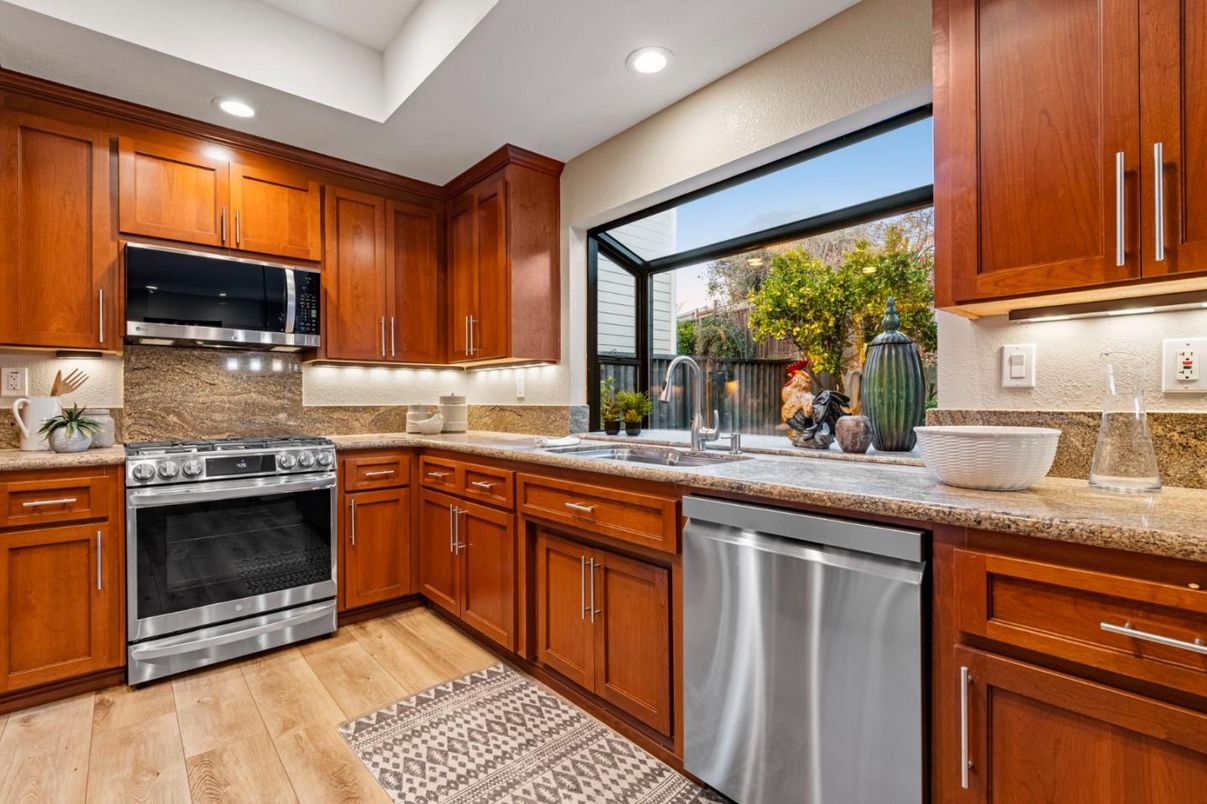 Interior, Kitchen, Recessed Lighting, Stainless Steel Appliances, Wood Texture Flooring