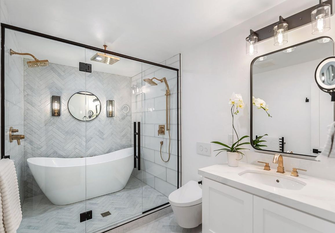 Bathroom, Free Standing Baths, Glass Shower, Interior, Marble Walls