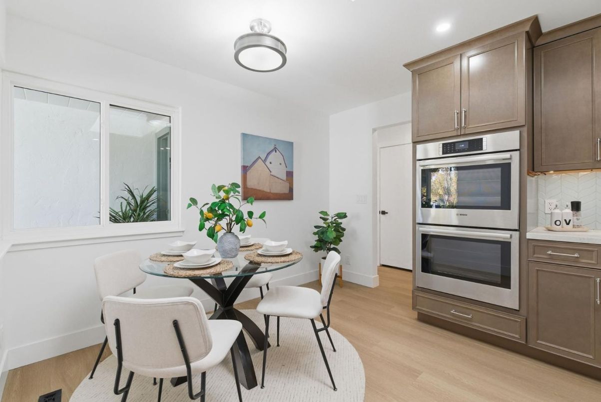 Dining room, Interior, Kitchen, Recessed Lighting, Stainless Steel Appliances, Wood Texture Flooring