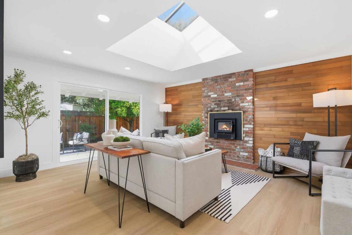 Fireplace, Interior, Living room, Recessed Lighting, Stone Walls, Wood Texture Flooring, Wooden Walls