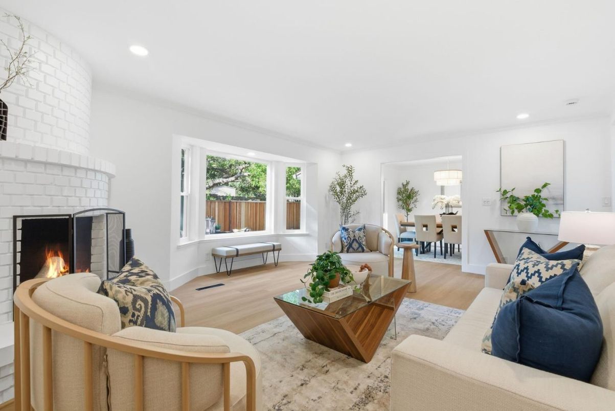 Dining room, Fireplace, Interior, Living room, Recessed Lighting, Wood Texture Flooring