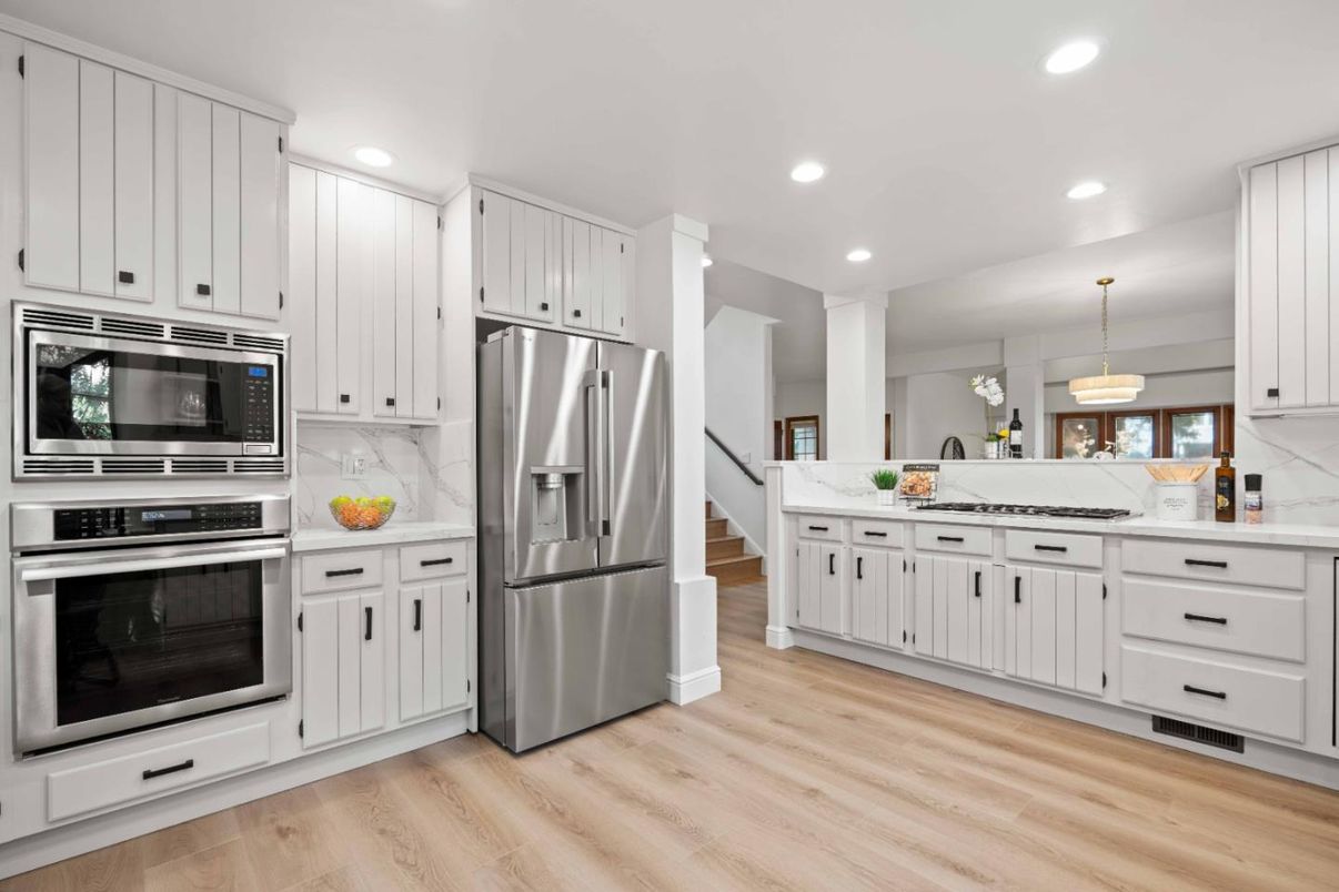 Interior, Kitchen, Pendant Lights, Recessed Lighting, Stainless Steel Appliances, Wood Texture Flooring