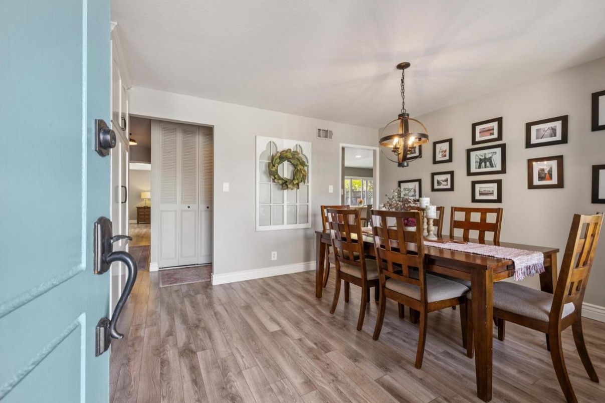 Dining room, Interior, Pendant Lights, Wood Texture Flooring