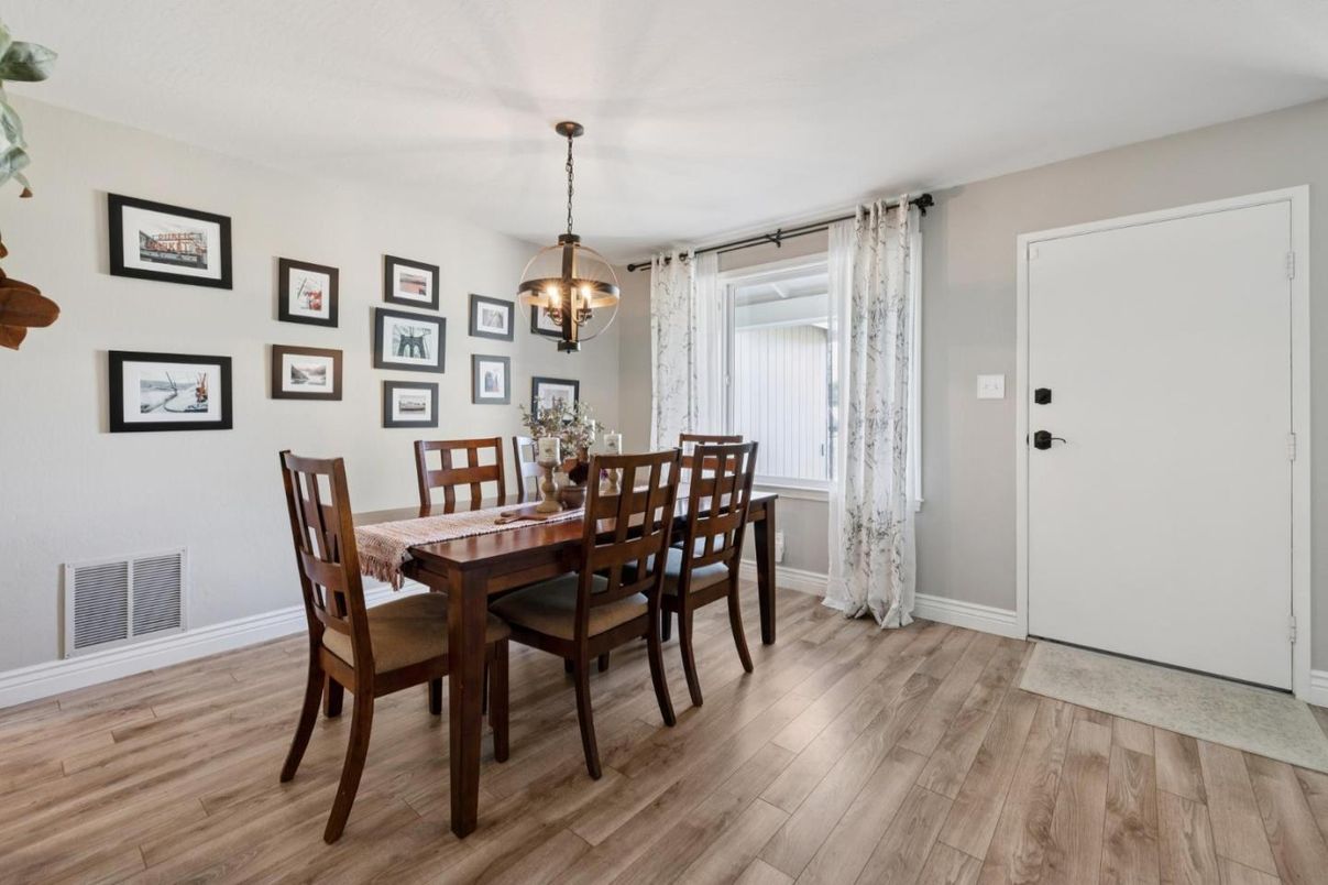 Dining room, Interior, Pendant Lights, Wood Texture Flooring