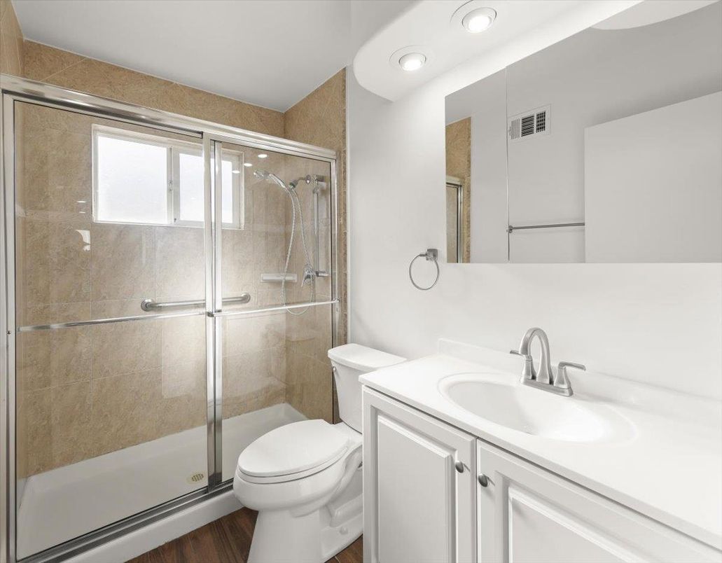 Bathroom, Glass Shower, Interior, Recessed Lighting, Wood Texture Flooring