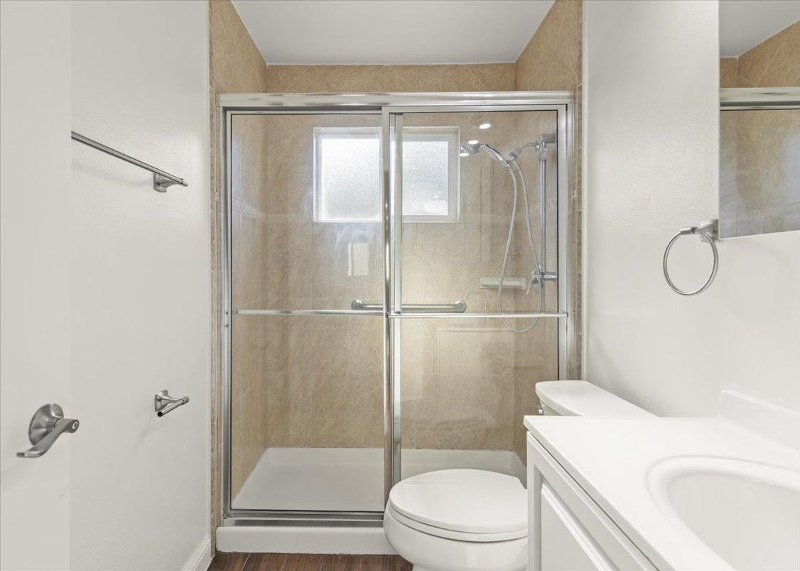 Bathroom, Glass Shower, Interior, Wood Texture Flooring