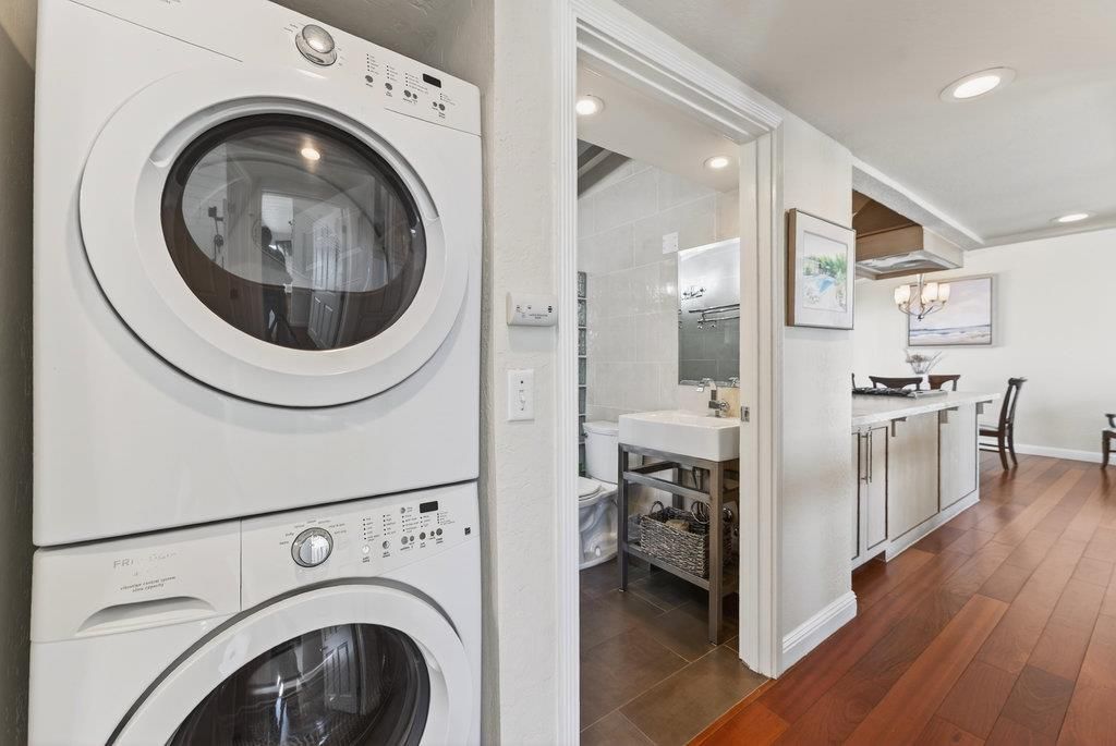 Chandelier, Dining room, Interior, Recessed Lighting, Utility Closets, Washer, Wood Texture Flooring