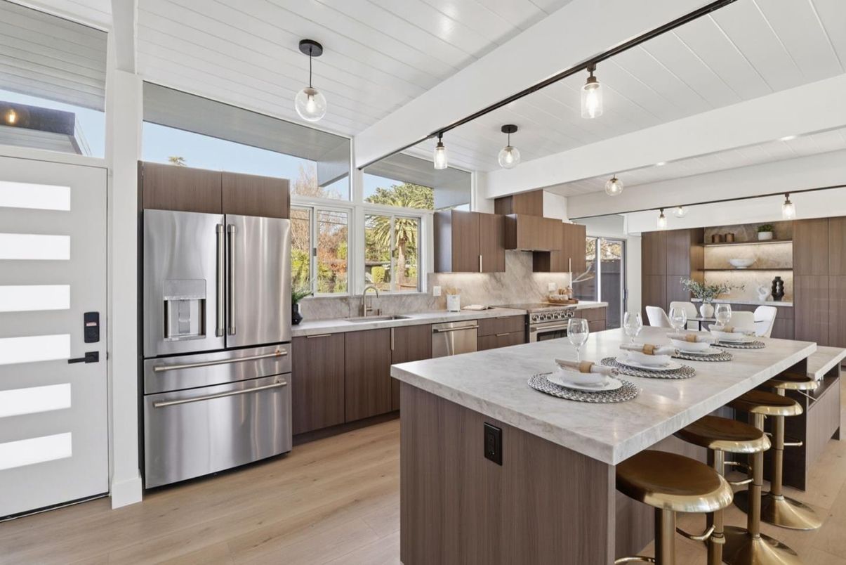 Interior, Kitchen, Pendant Lights, Stainless Steel Appliances, Wood Texture Flooring