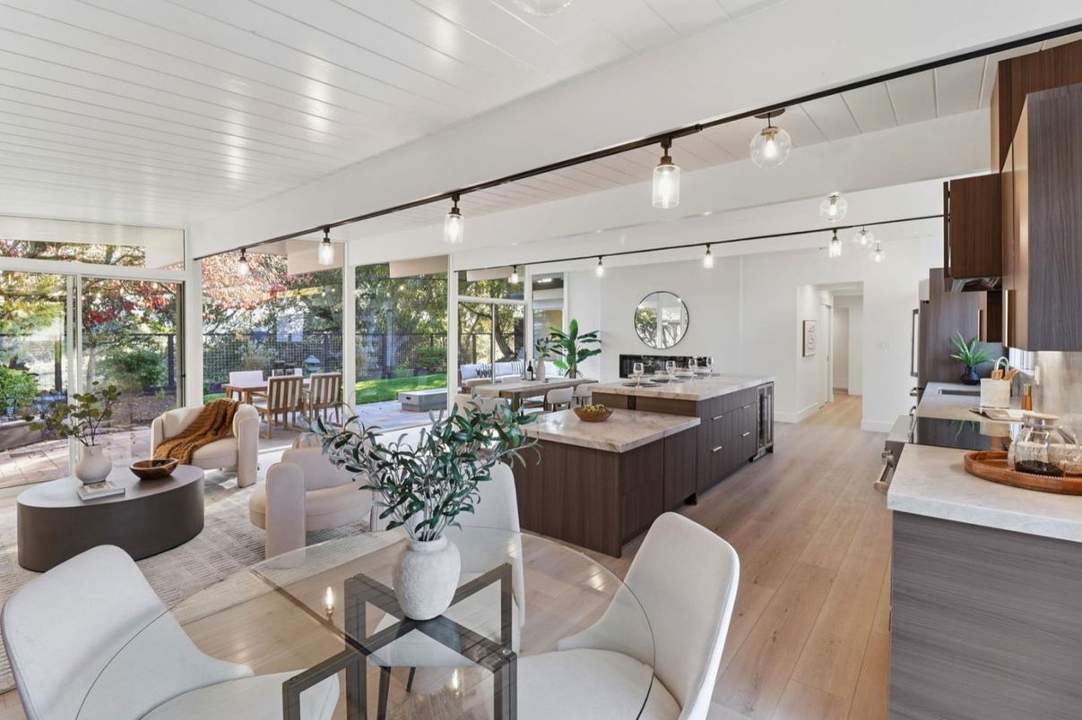 Dining room, Interior, Kitchen, Living room, Pendant Lights, Wood Texture Flooring