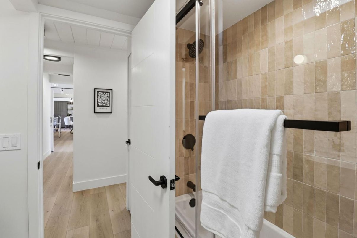 Bathroom, Glass Shower, Interior, Wood Texture Flooring