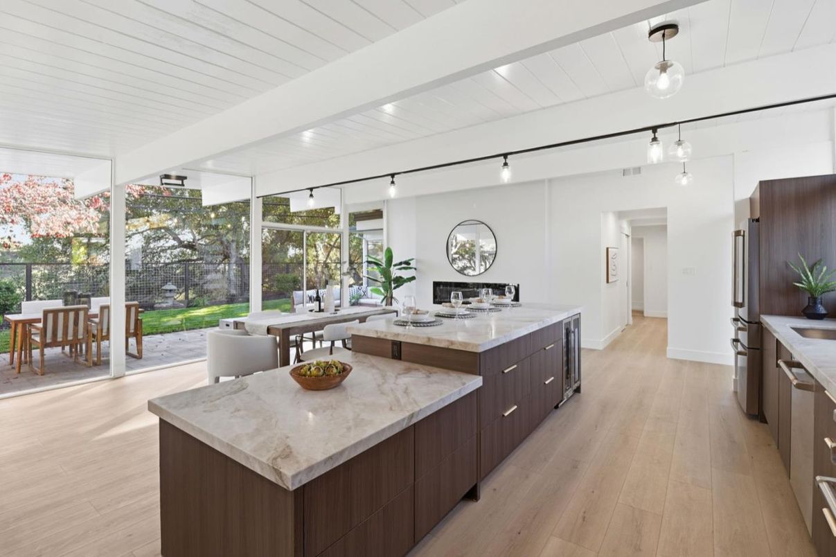 Dining room, Interior, Kitchen, Pendant Lights, Wood Texture Flooring