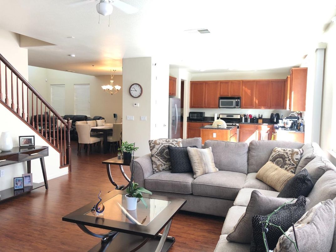 Chandelier, Dining room, Interior, Kitchen, Living room, Recessed Lighting, Stainless Steel Appliances, Wood Texture Flooring