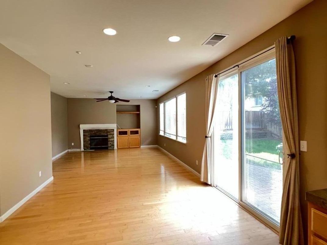 Empty room, Fireplace, Interior, Recessed Lighting, Wood Texture Flooring