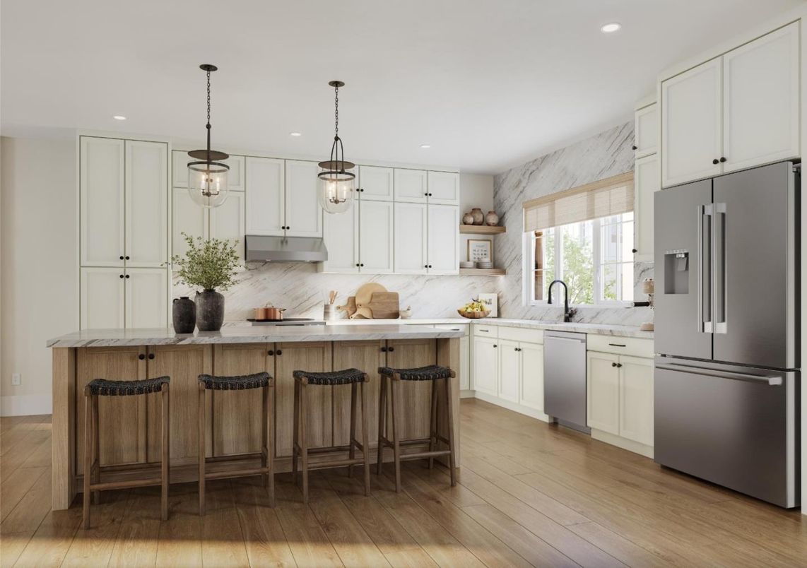 Interior, Kitchen, Marble Walls, Pendant Lights, Recessed Lighting, Wood Texture Flooring