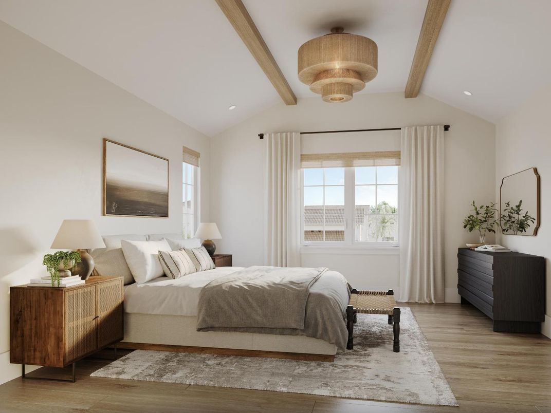 Bedroom, Interior, Recessed Lighting, Wooden Beams, Wood Texture Flooring