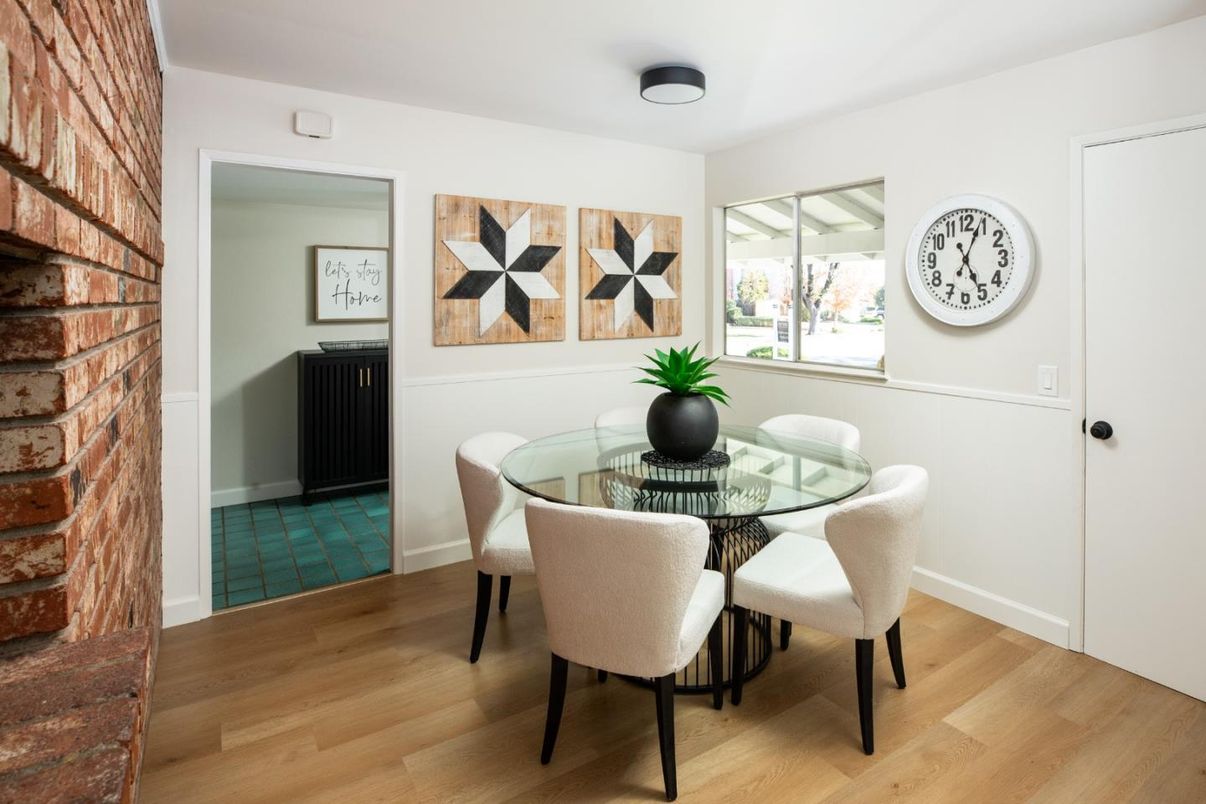 Dining room, Interior, Stone Walls, Wood Texture Flooring