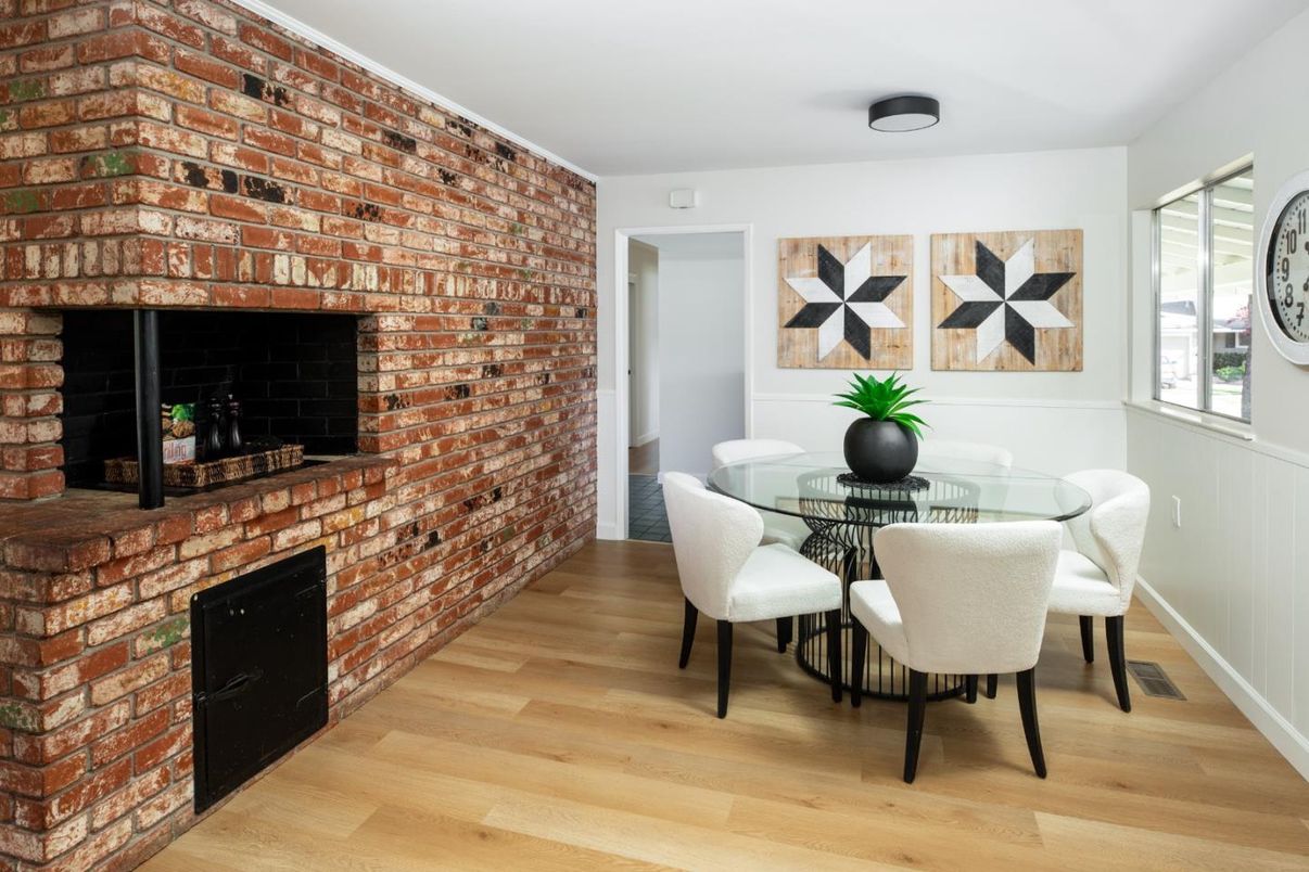 Dining room, Fireplace, Interior, Stone Walls, Wood Texture Flooring
