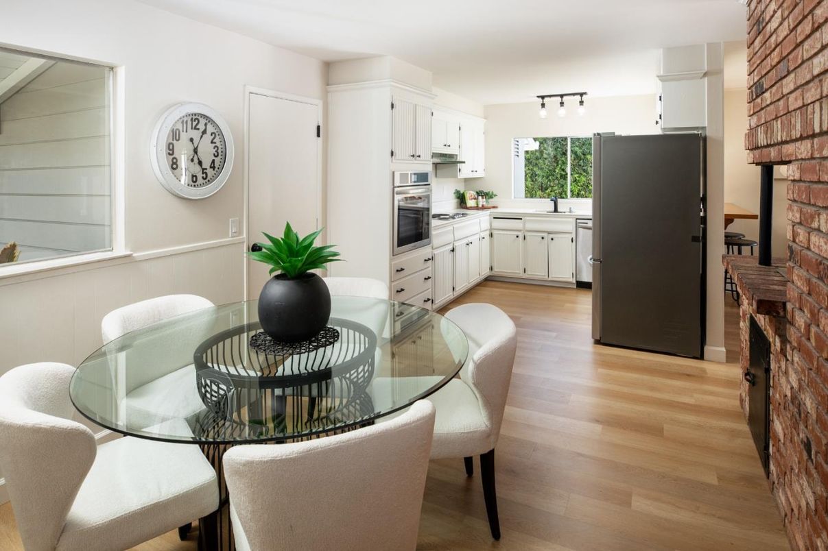 Dining room, Interior, Kitchen, Stainless Steel Appliances, Stone Walls, Wood Texture Flooring
