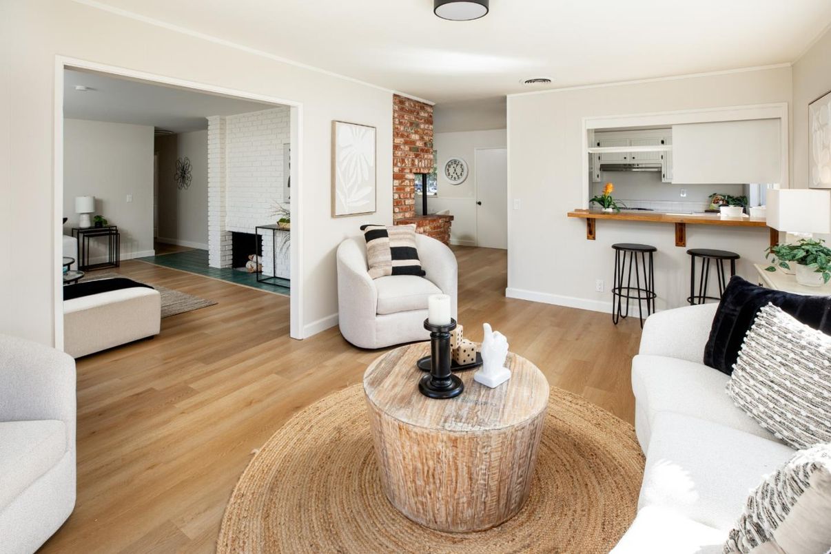 Fireplace, Interior, Kitchen, Living room, Stone Walls, Wood Texture Flooring