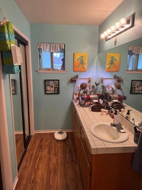 Bathroom, Dual Sink Vanities, Interior, Tile Countertops, Wood Texture Flooring