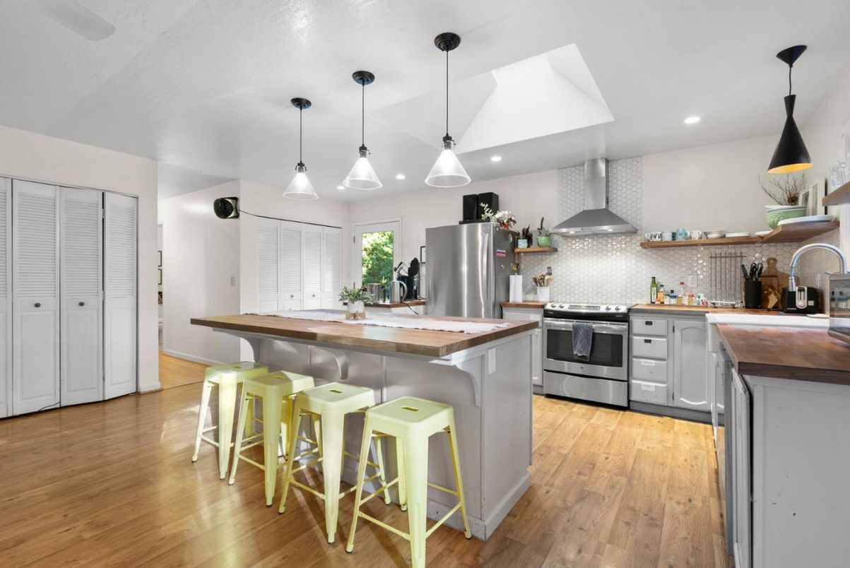 Interior, Kitchen, Pendant Lights, Recessed Lighting, Stainless Steel Appliances, Wood Texture Flooring