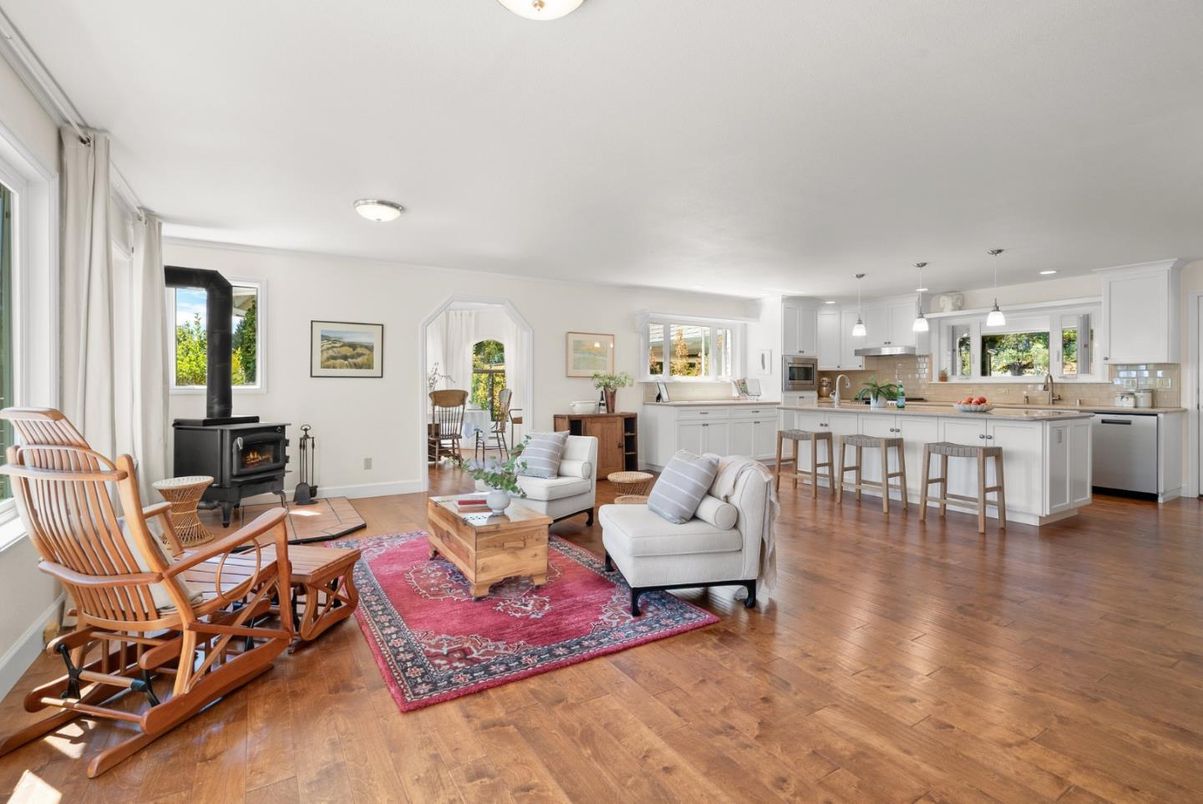 Fireplace, Interior, Kitchen, Living room, Pendant Lights, Wood Texture Flooring