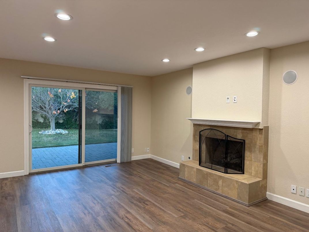 Empty room, Fireplace, Interior, Recessed Lighting, Wood Texture Flooring
