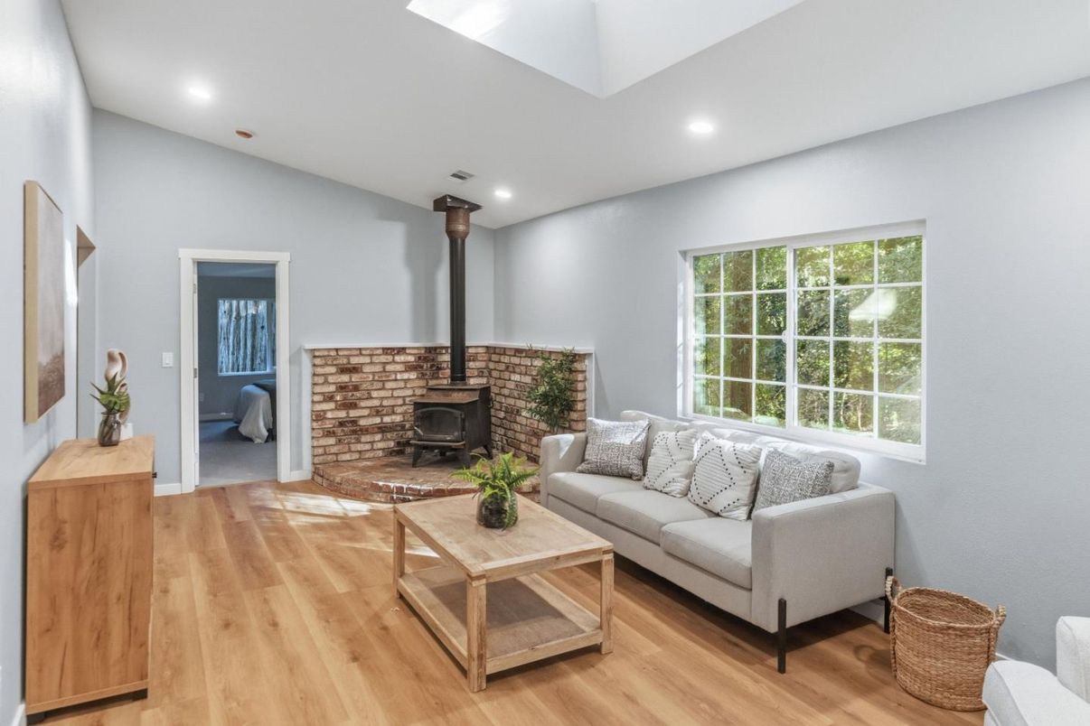 Fireplace, Interior, Living room, Recessed Lighting, Wood Texture Flooring