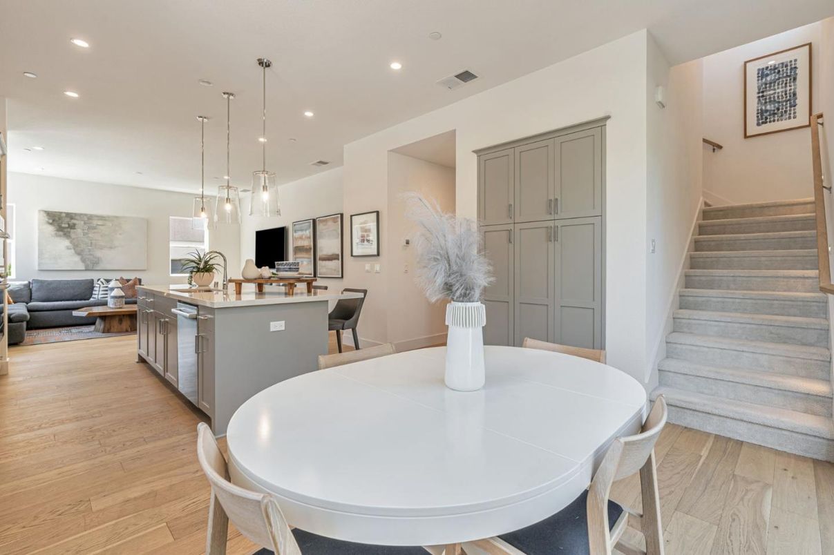 Dining room, Interior, Kitchen, Living room, Pendant Lights, Recessed Lighting, Wood Texture Flooring