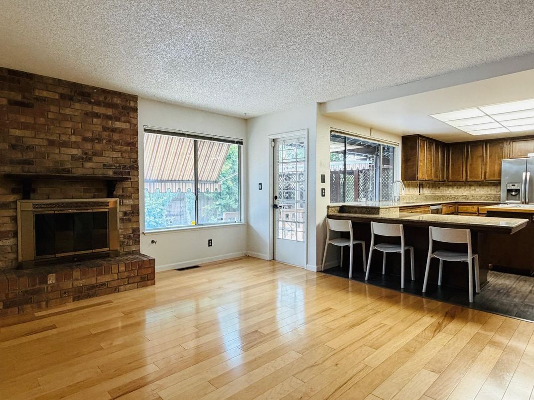 Empty room, Fireplace, Interior, Kitchen, Stone Walls, Wood Texture Flooring