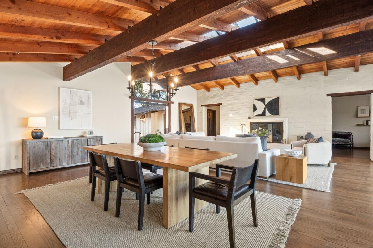 Chandelier, Dining room, Fireplace, Interior, Living room, Stone Walls, Wooden Beams, Wooden Ceilings, Wood Texture Flooring