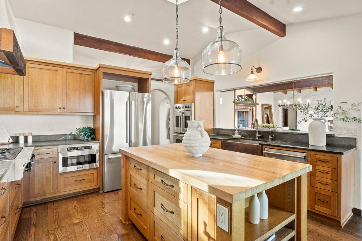 Interior, Kitchen, Pendant Lights, Recessed Lighting, Stainless Steel Appliances, Wooden Beams, Wood Texture Flooring