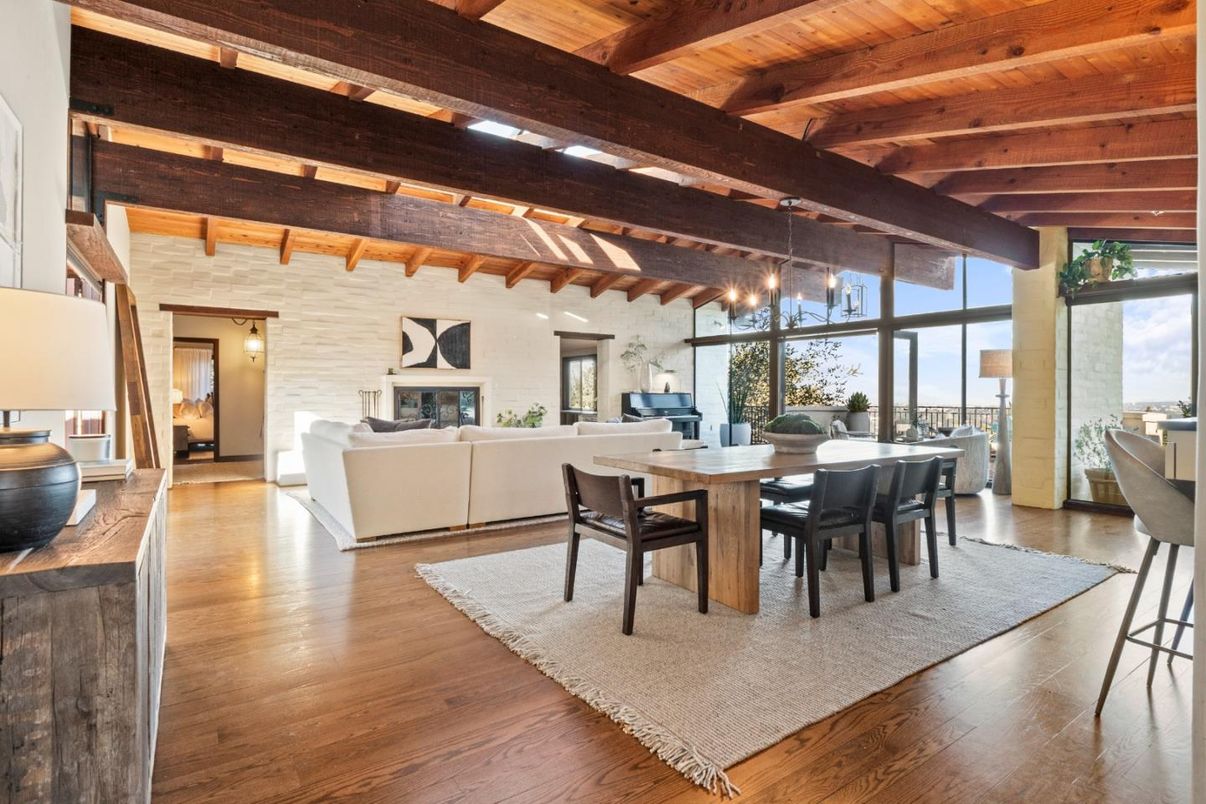 Dining room, Fireplace, Interior, Living room, Pendant Lights, Wooden Beams, Wooden Ceilings, Wood Texture Flooring