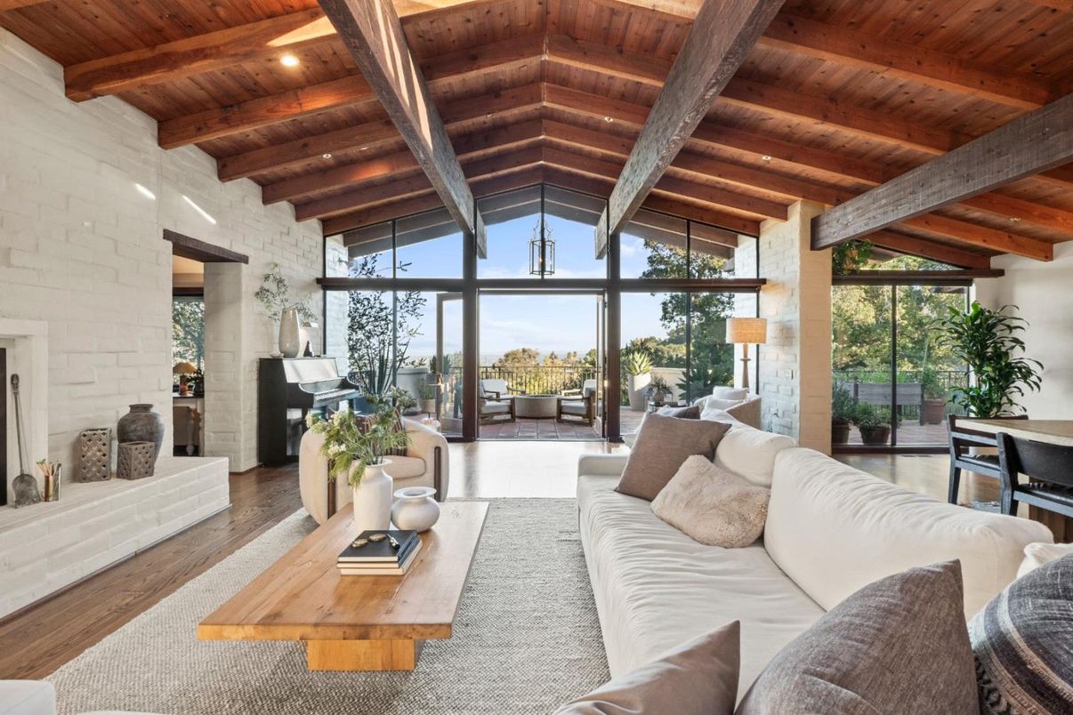 Fireplace, Interior, Living room, Pendant Lights, Piano, Stone Walls, Wooden Beams, Wooden Ceilings, Wood Texture Flooring