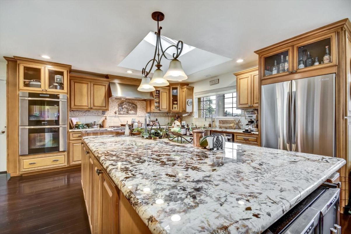 Chandelier, Interior, Kitchen, Recessed Lighting, Stainless Steel Appliances, Wood Texture Flooring