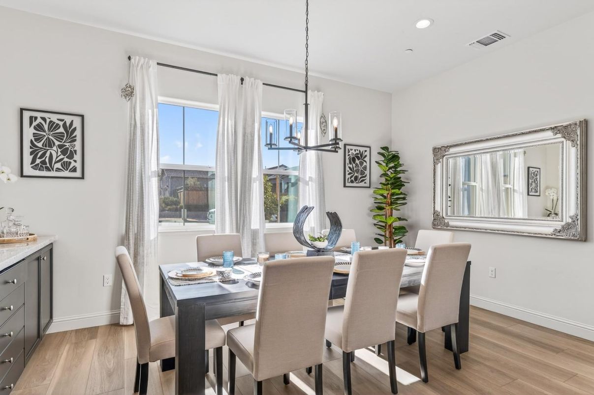 Dining room, Interior, Pendant Lights, Recessed Lighting, Wood Texture Flooring