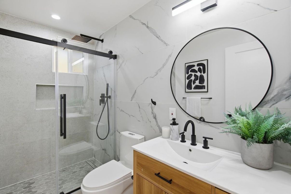 Bathroom, Glass Shower, Interior, Marble Walls, Recessed Lighting