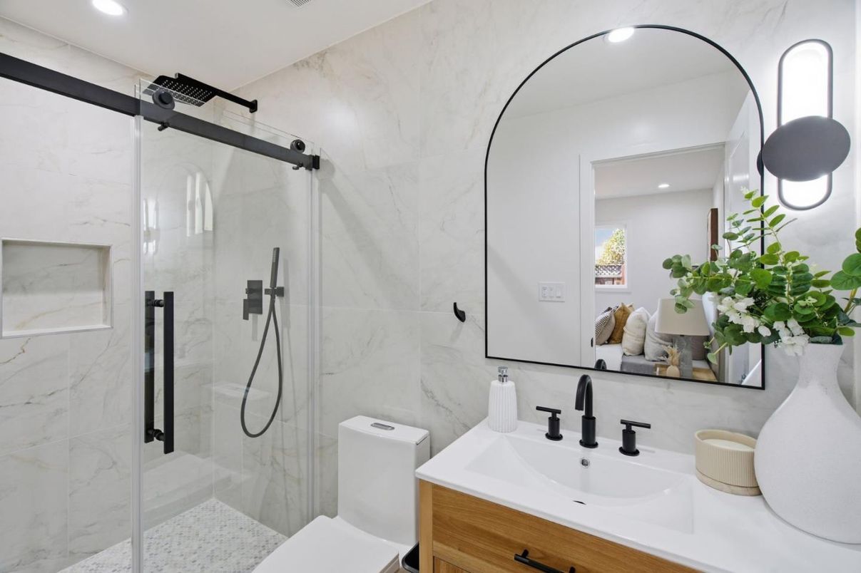 Bathroom, Glass Shower, Interior, Marble Walls, Recessed Lighting