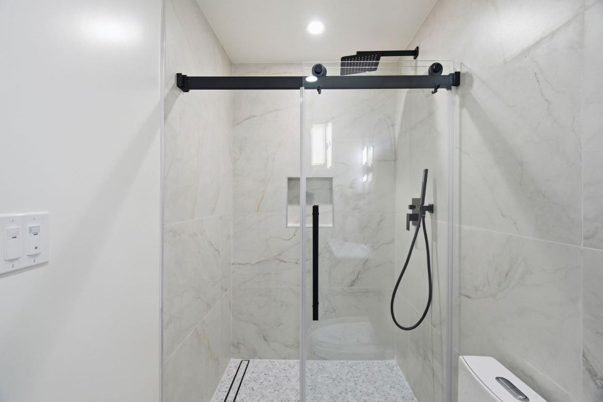 Bathroom, Glass Shower, Interior, Marble Walls, Recessed Lighting