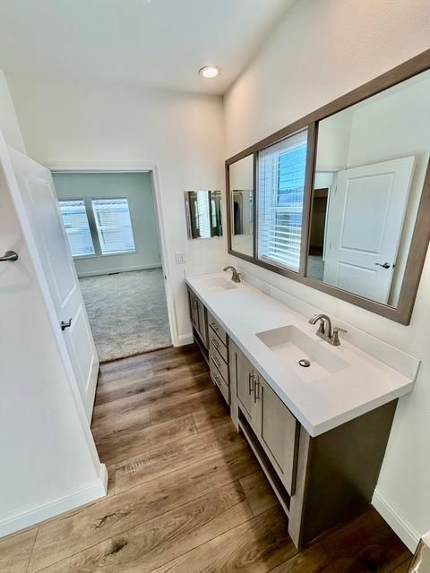 Bathroom, Dual Sink Vanities, Interior, Recessed Lighting, Wood Texture Flooring