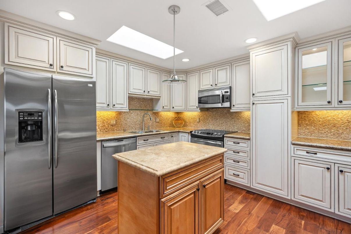 Interior, Kitchen, Pendant Lights, Recessed Lighting, Stainless Steel Appliances, Wood Texture Flooring