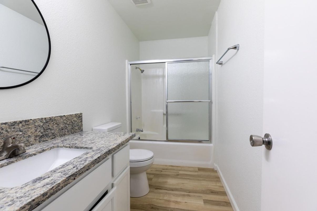 Bathroom, Glass Shower, Interior, Wood Texture Flooring