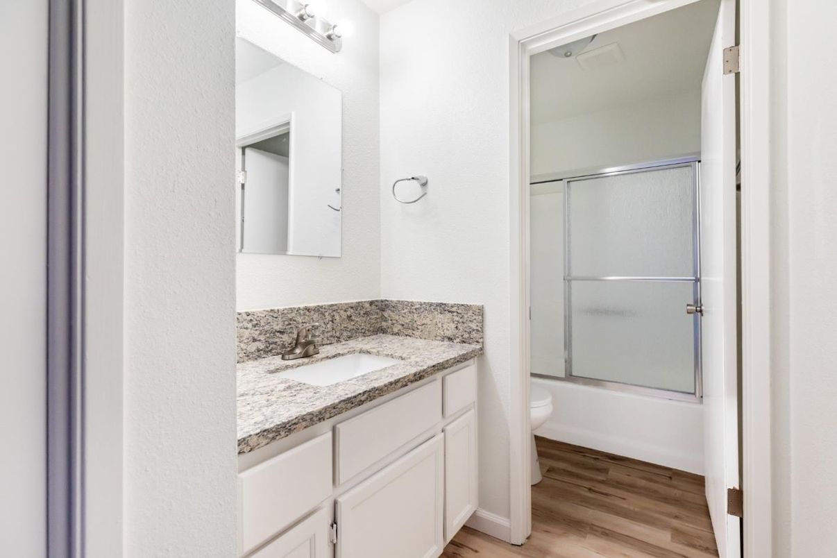 Bathroom, Glass Shower, Interior, Wood Texture Flooring