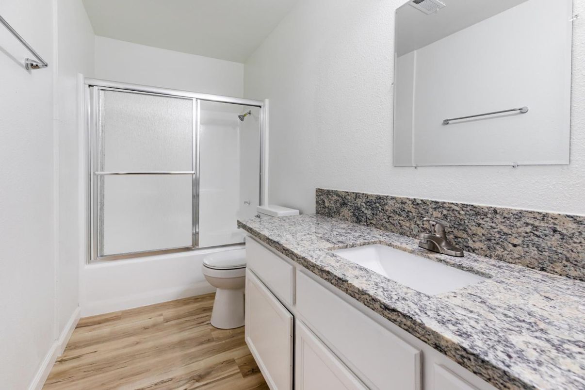 Bathroom, Glass Shower, Interior, Wood Texture Flooring